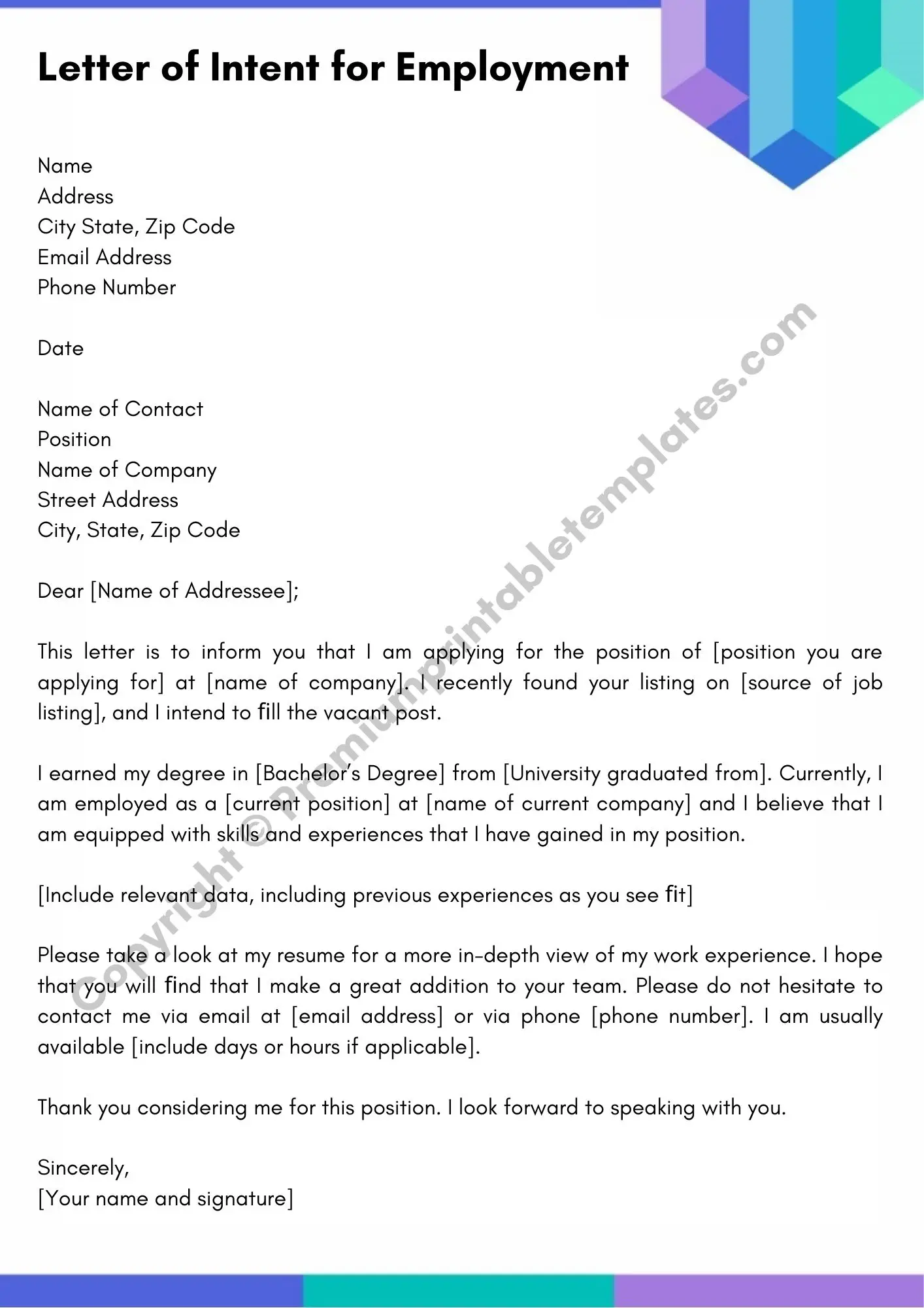 Letter of Intent for Employment Template