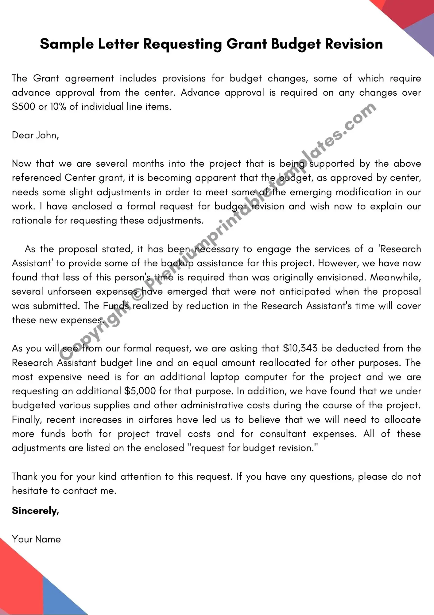 Sample Letter Requesting Grant Budget Revision