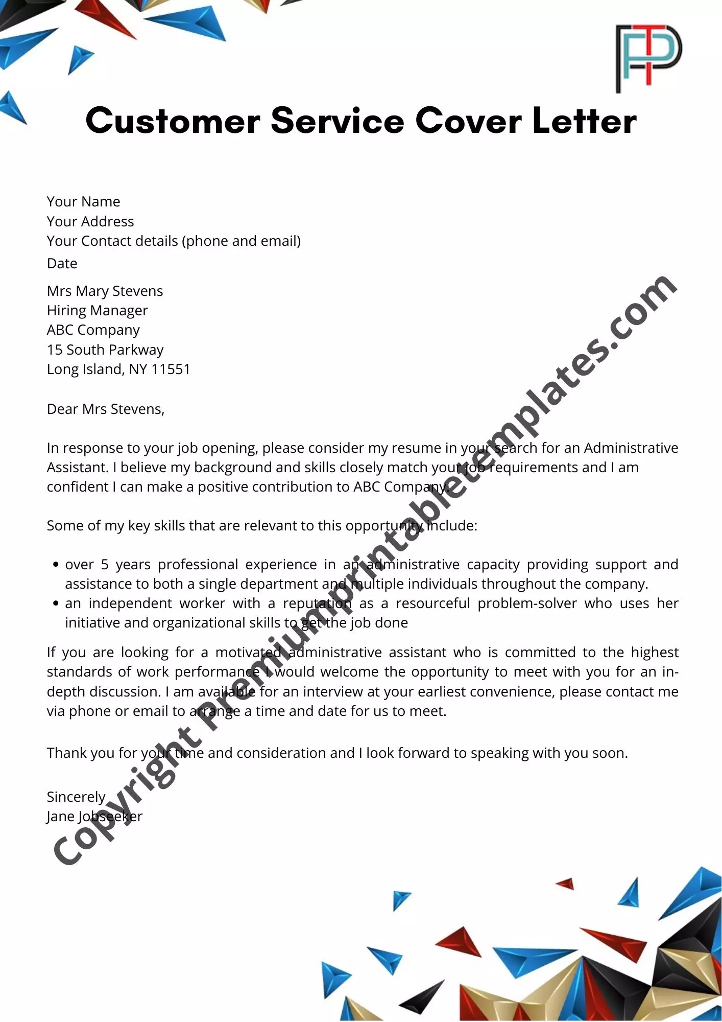 customer service cover letter