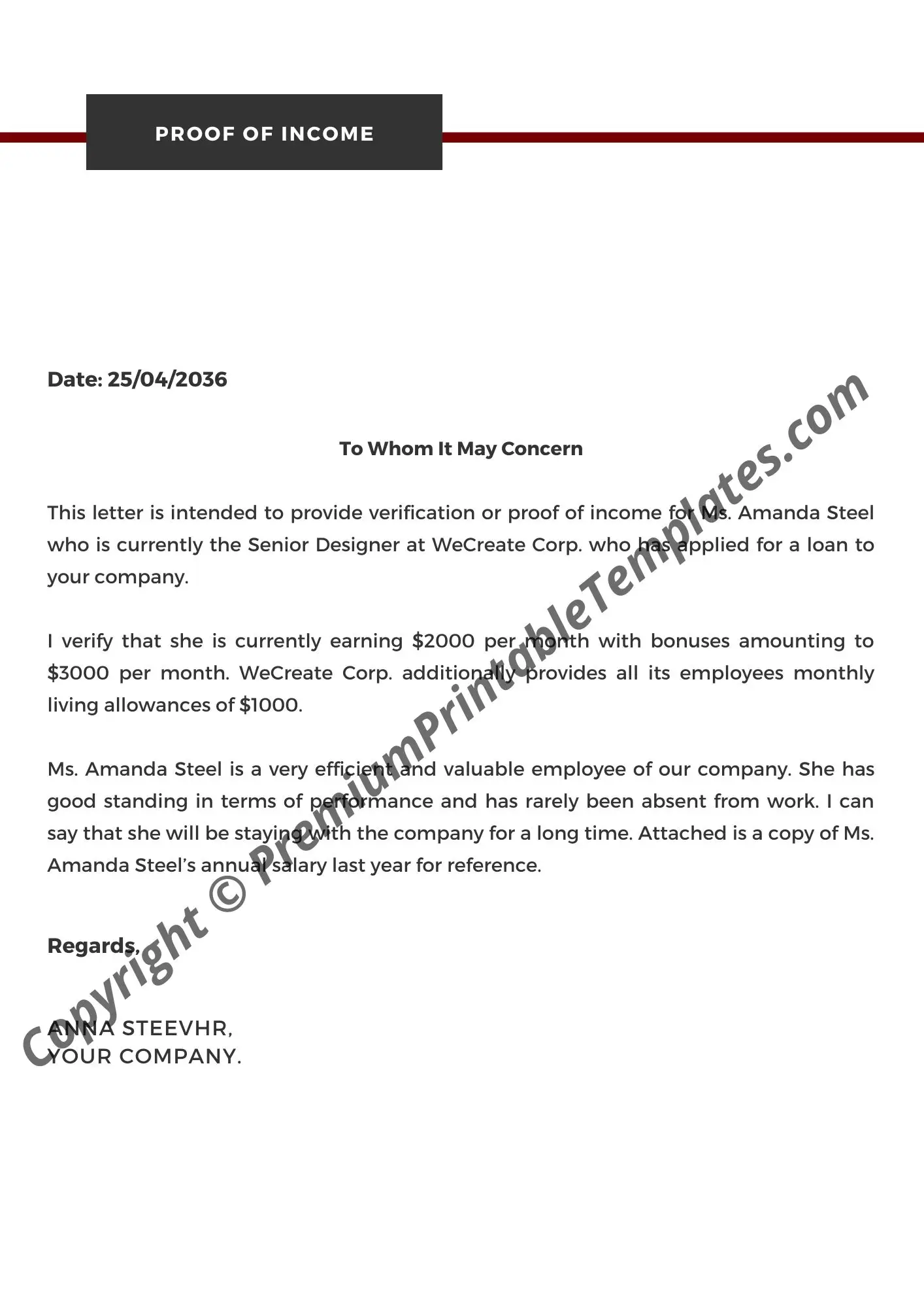 Proof of Income Letter