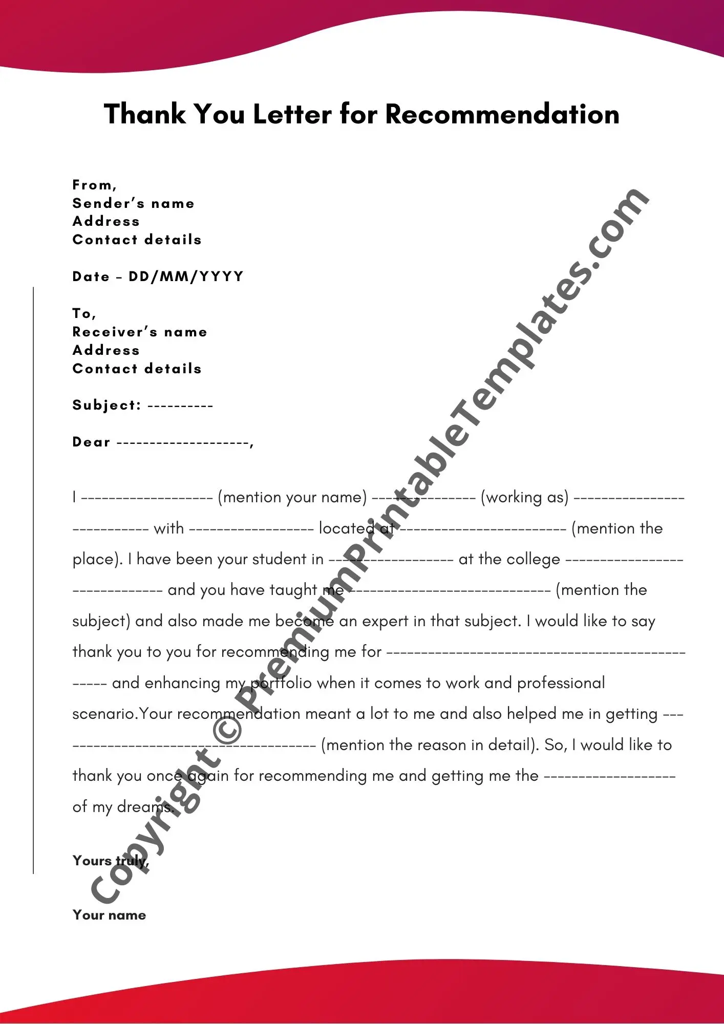Thank You Letter for Recommendation