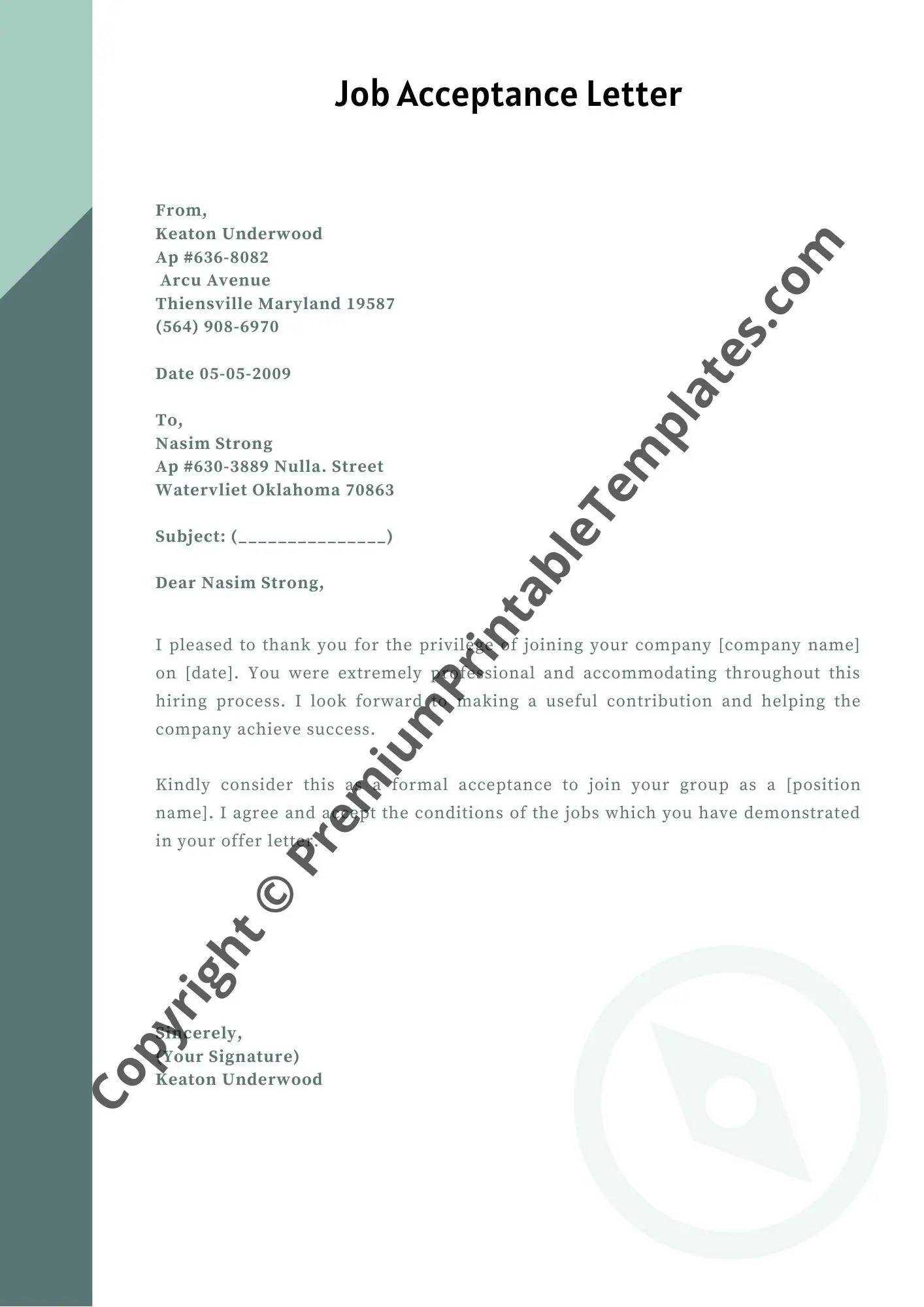 job acceptance letter