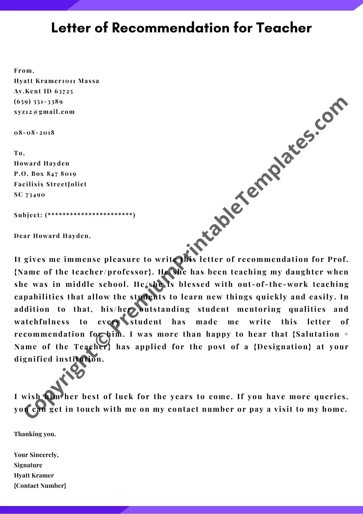letter of recommendation for teacher