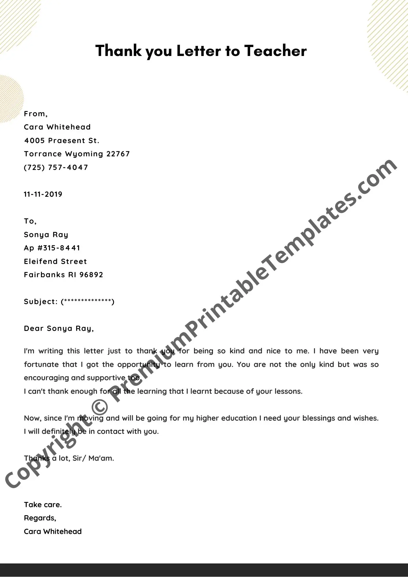 Thank you Letter to Teacher