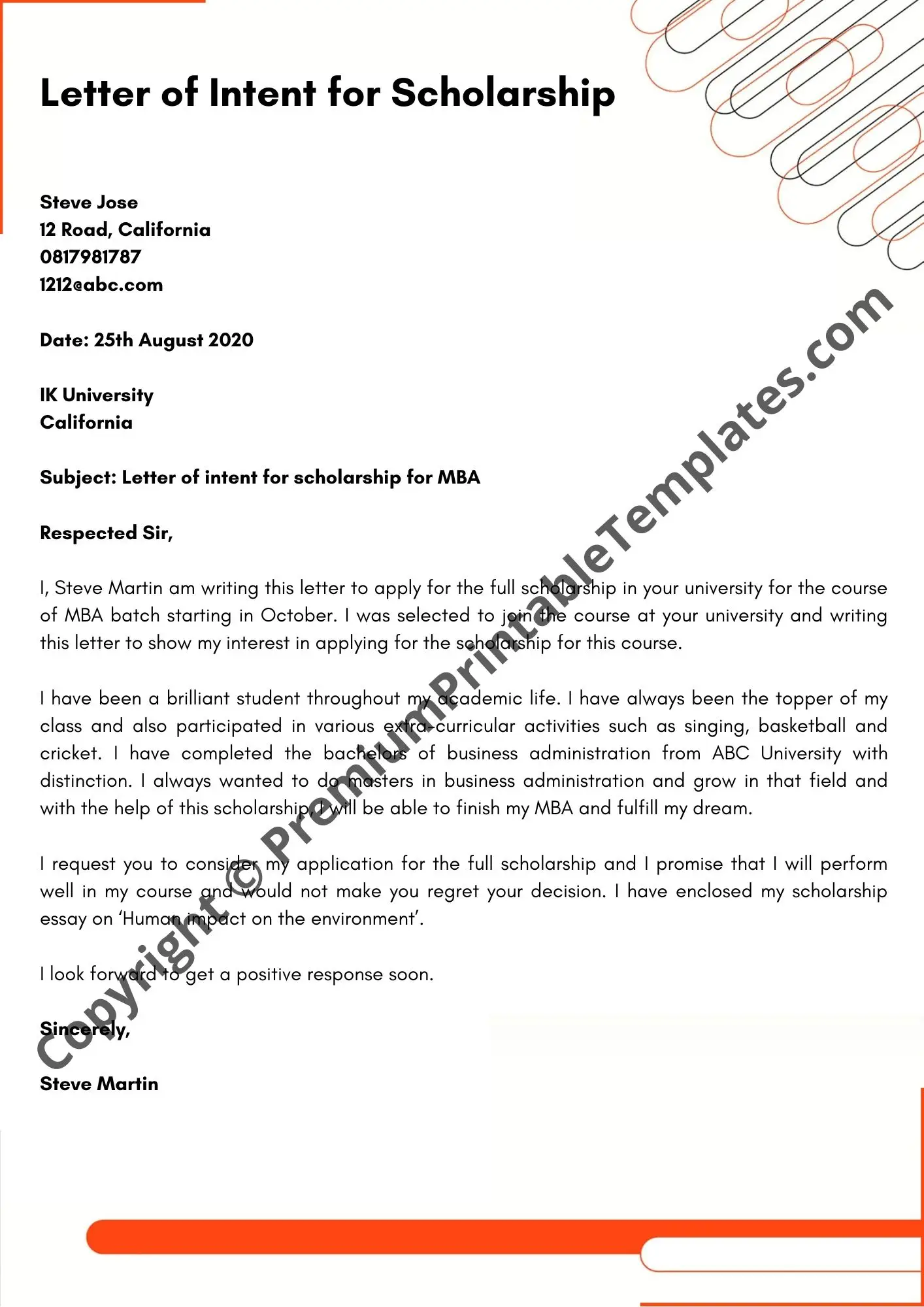 Letter of Intent for Scholarship