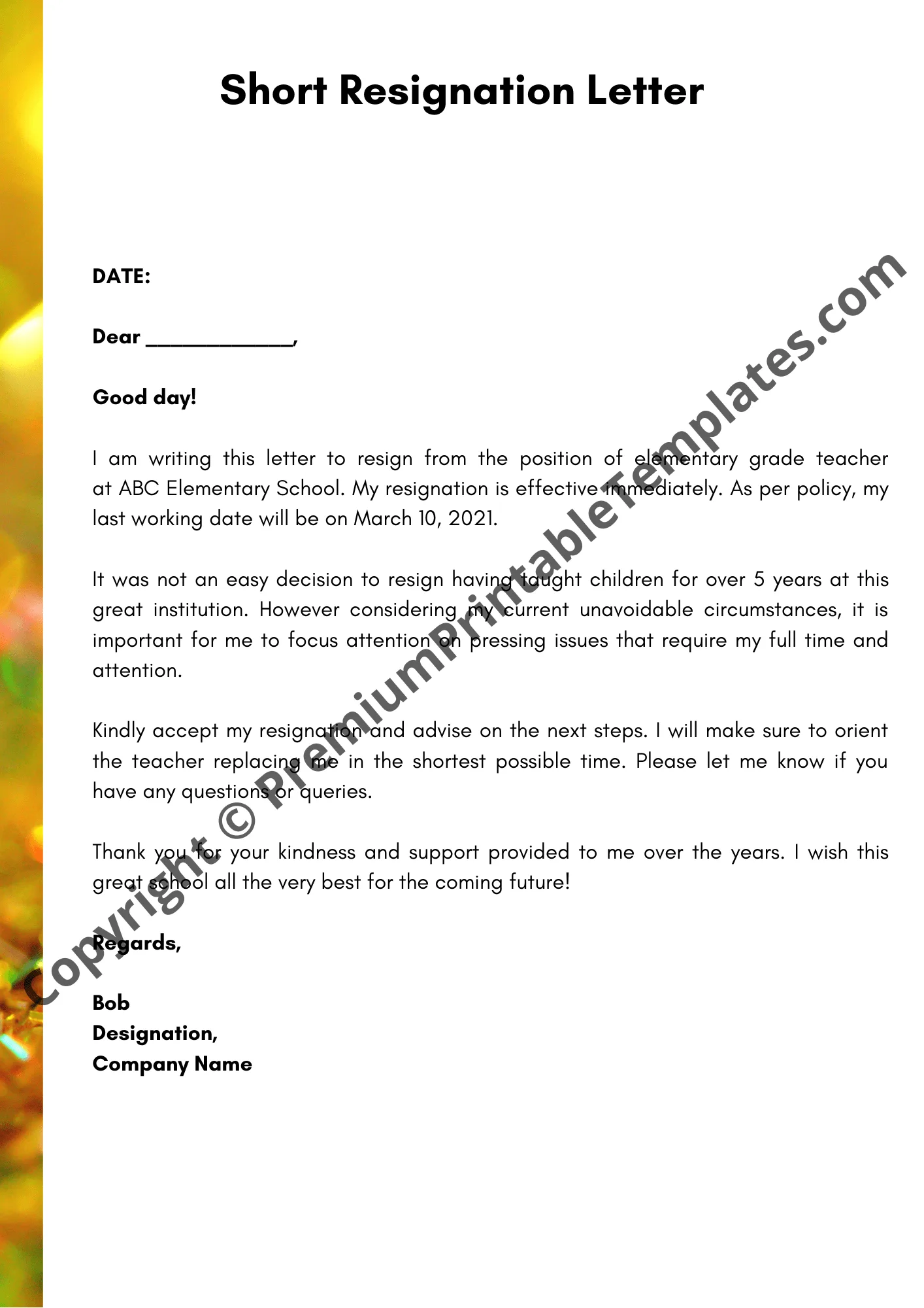 Short Resignation Letter