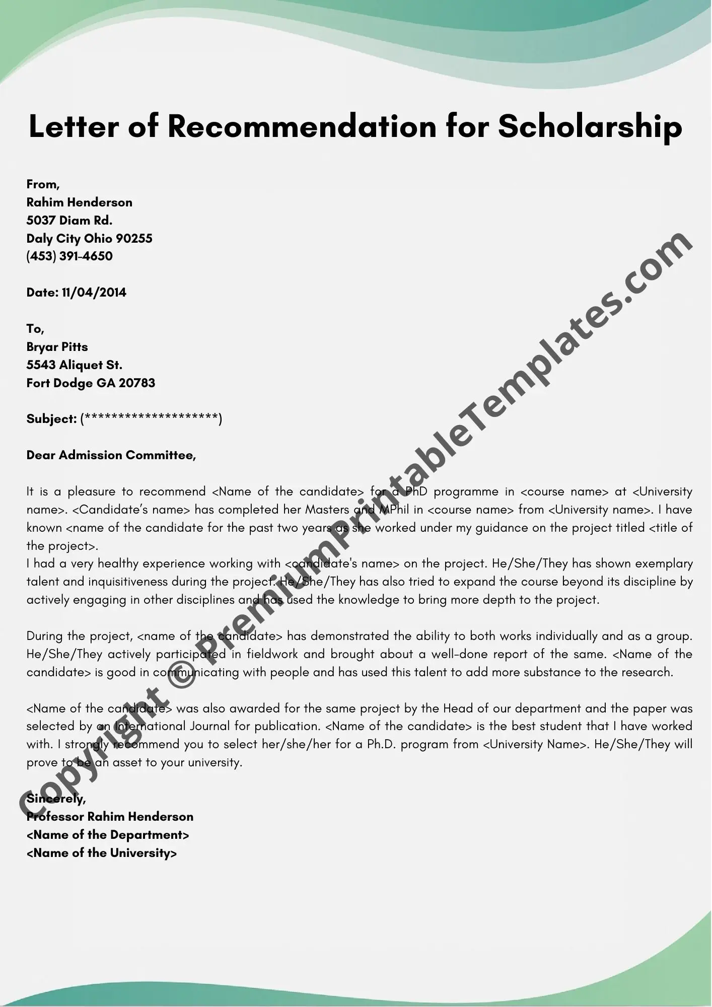 Letter of Recommendation for Scholarship