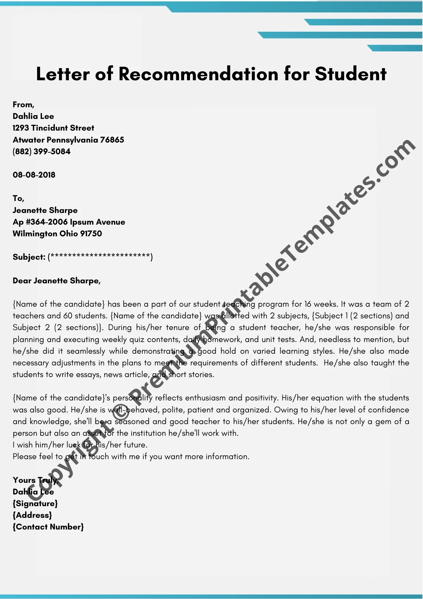 Letter of Recommendation for Student