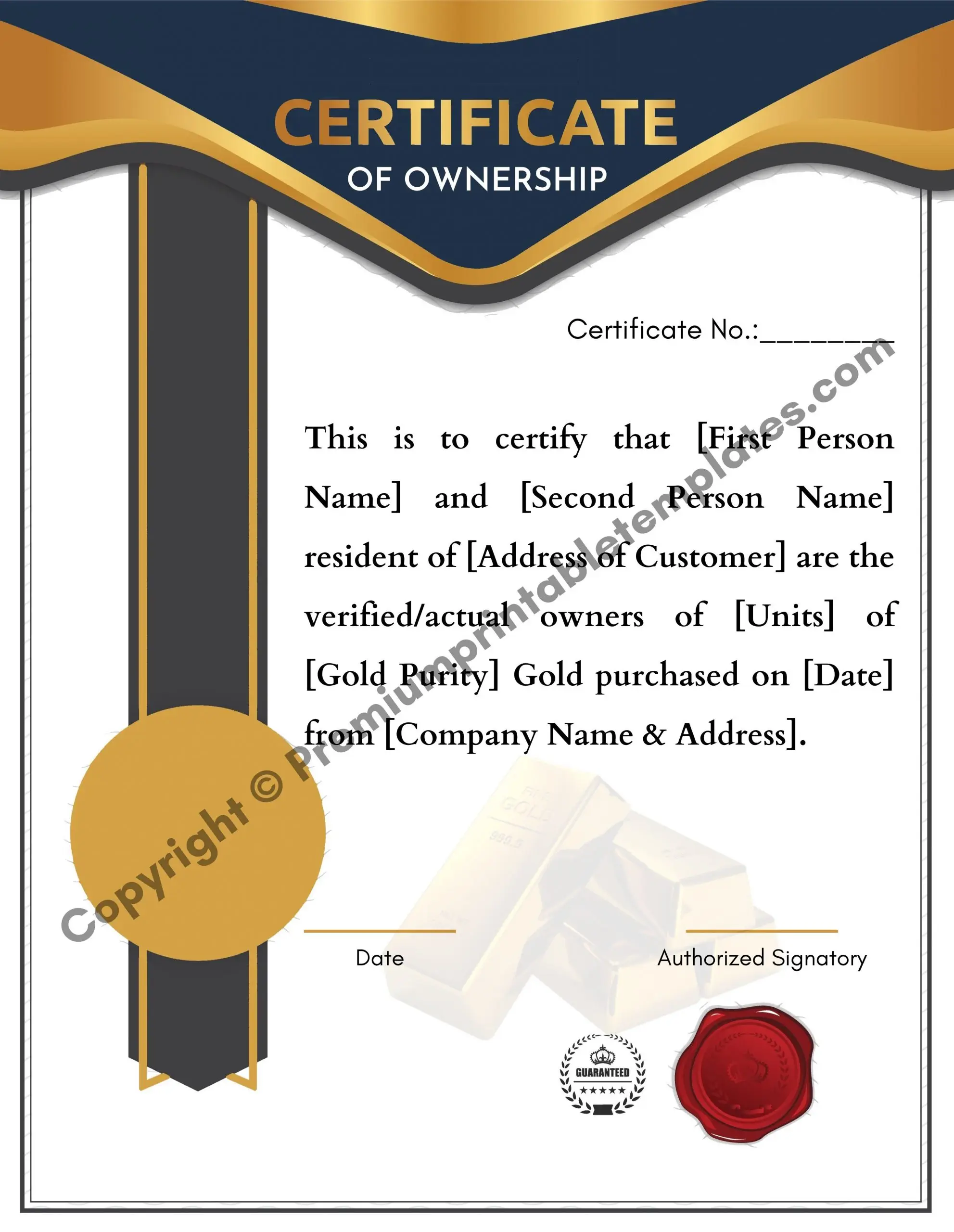certificate of ownership for the gold