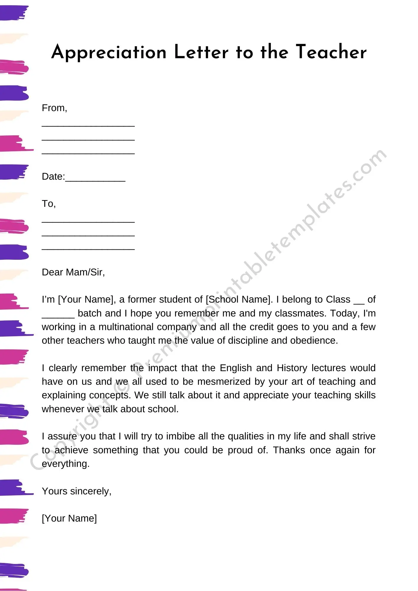 Printable Appreciation Letter to the Teacher