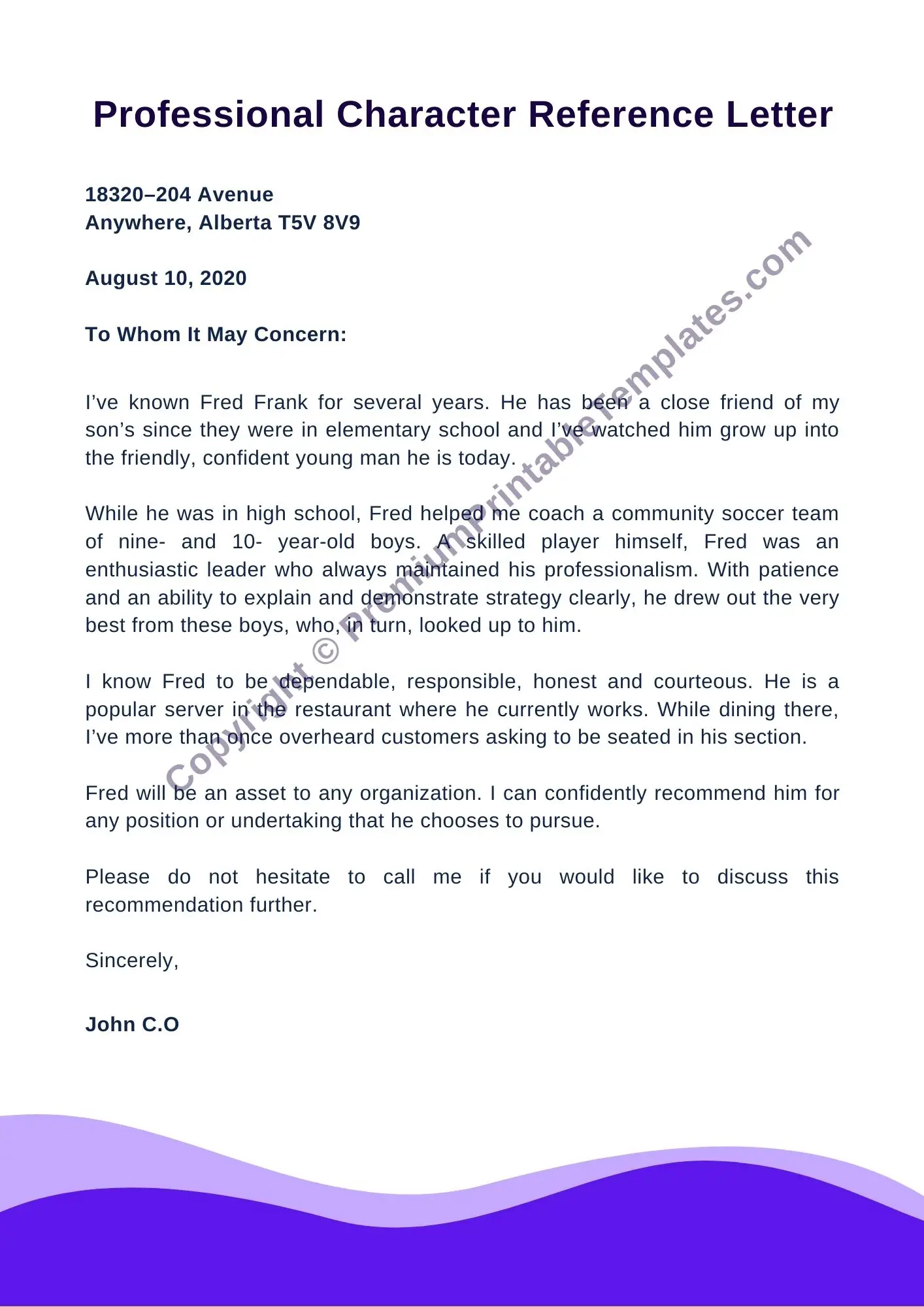 Professional Character Reference Letter