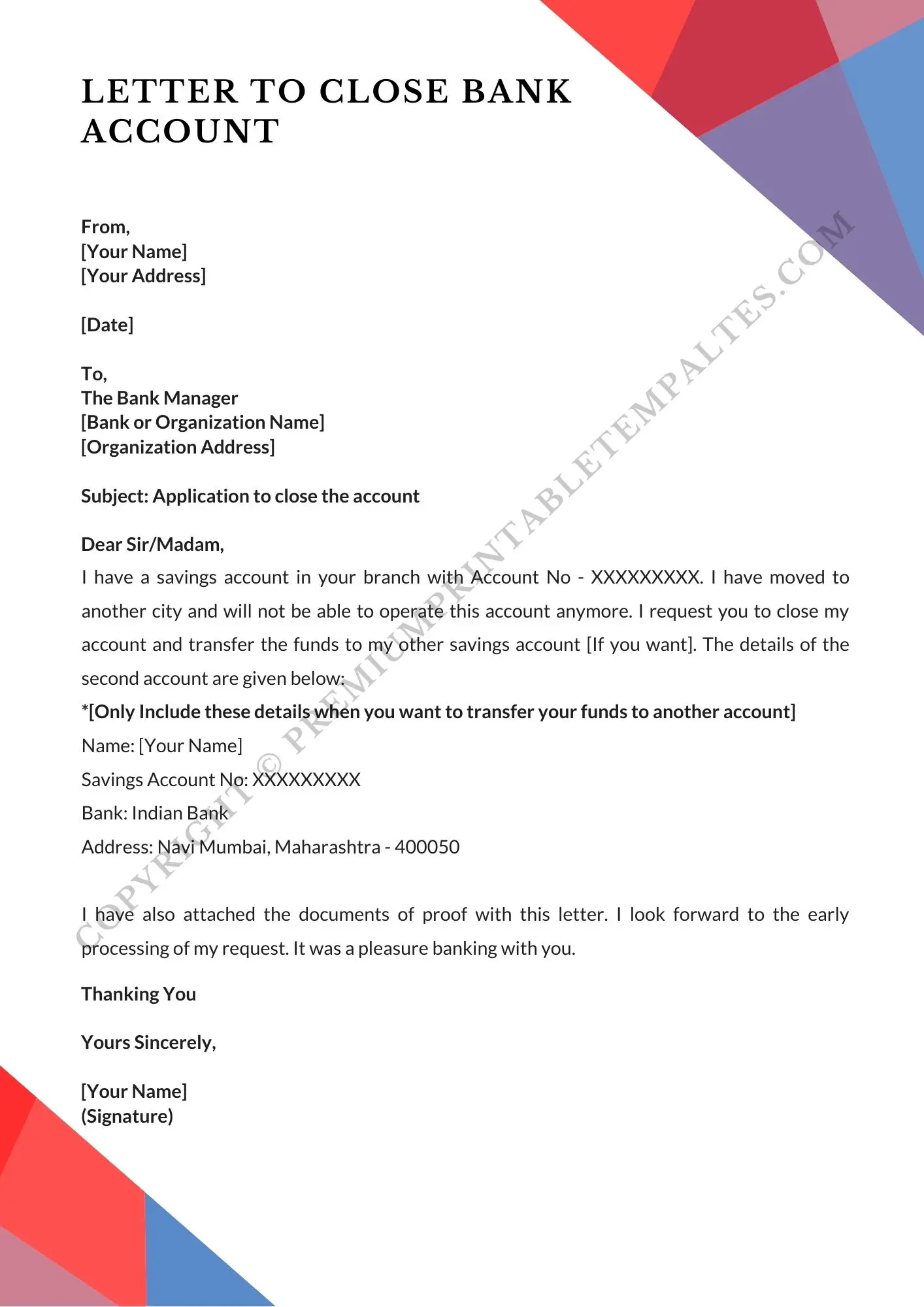 bank account closing letter sample format