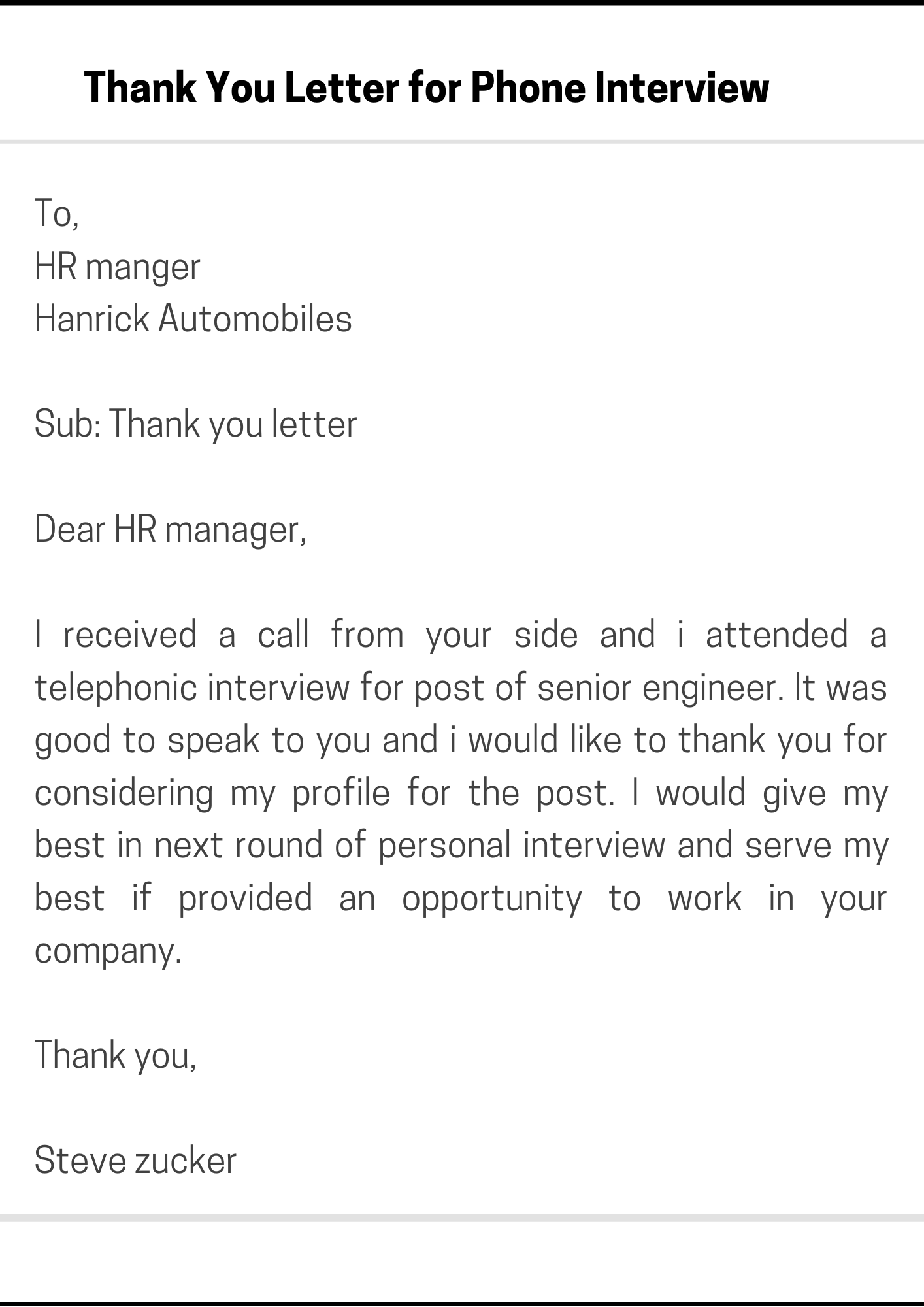 Thank You Letter for Phone Interview