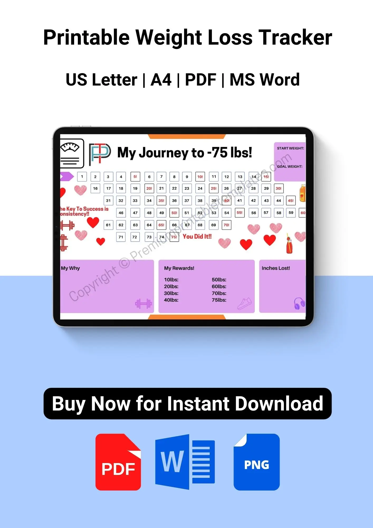 Printable Weight Loss Tracker, 75 Pounds