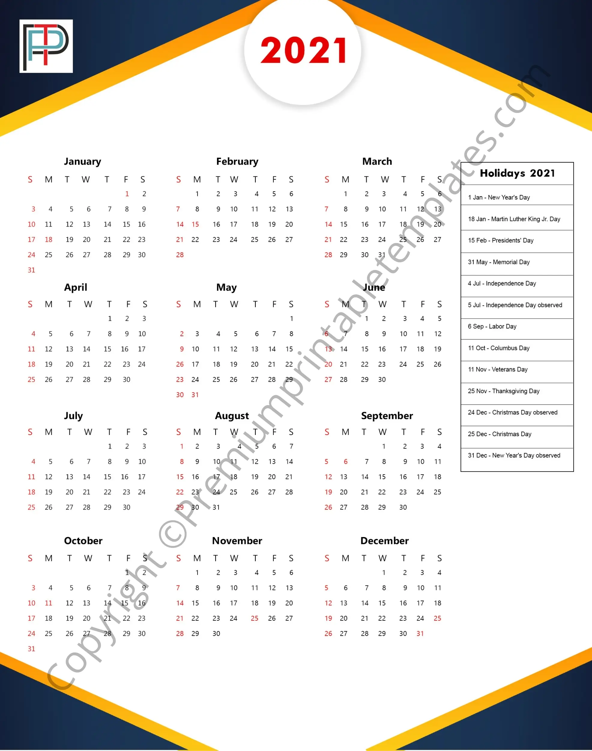 2021 yearly calendar with holidays