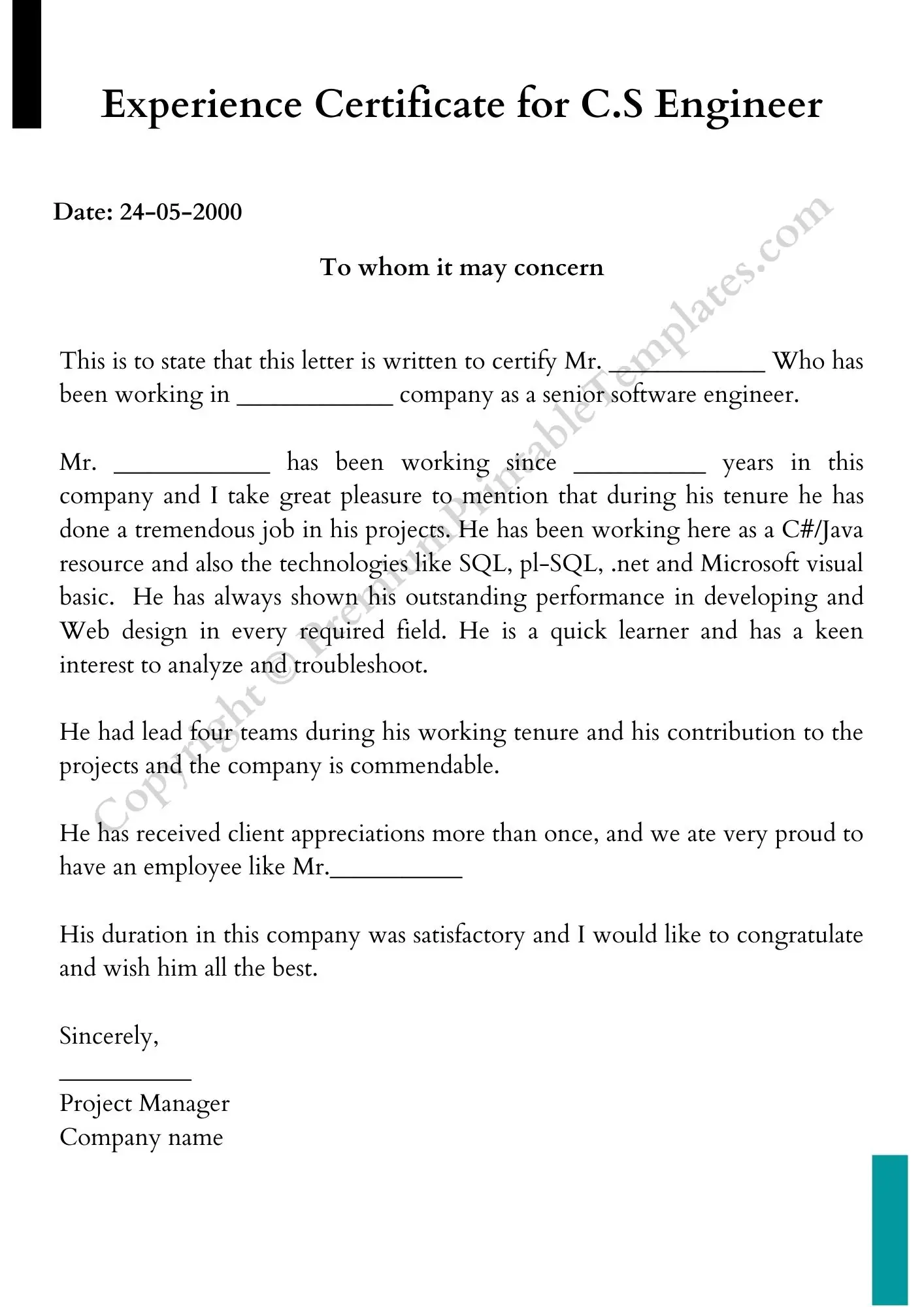 Experience Certificate for C.S Engineer