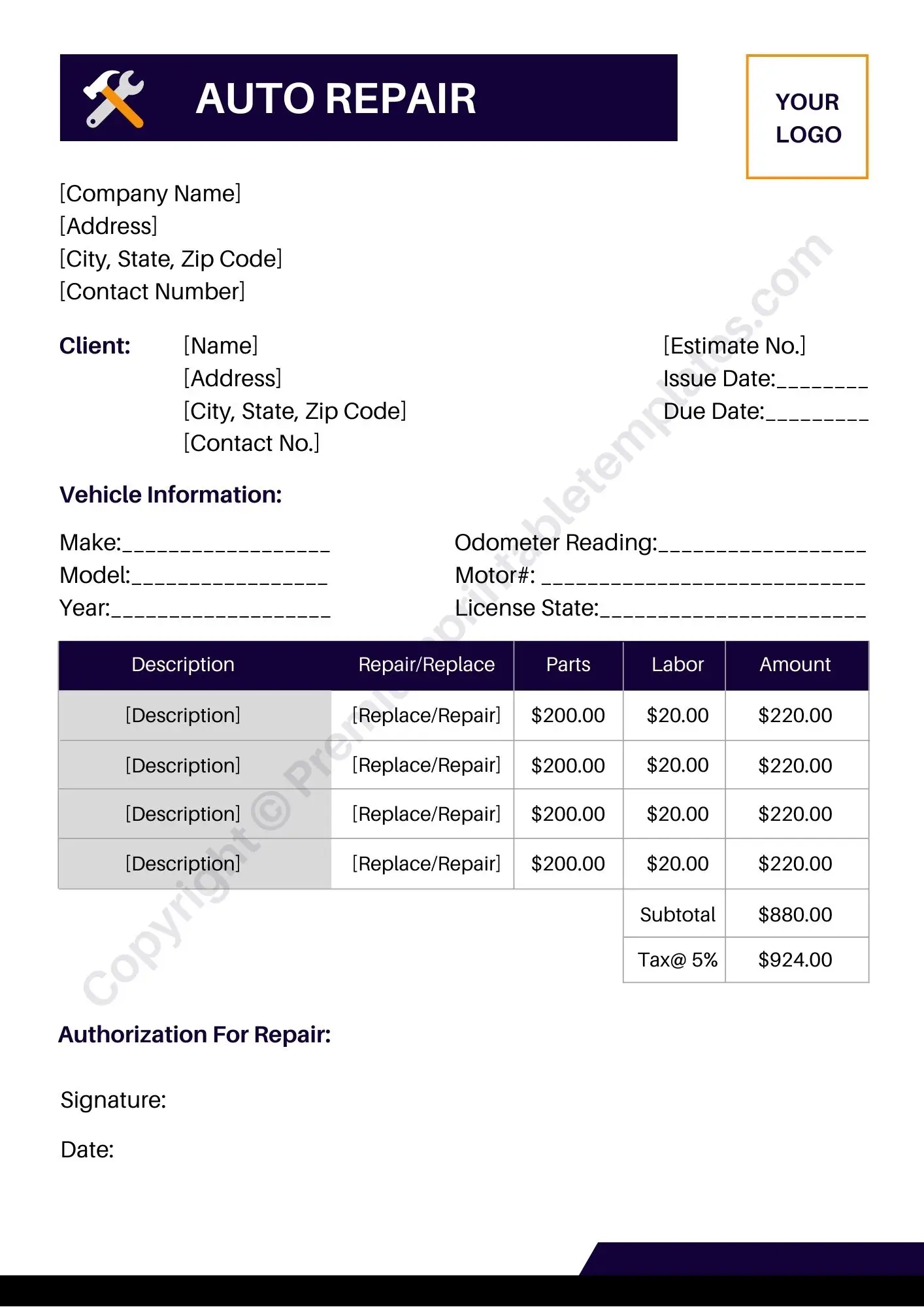 Auto Repair Estimate Template