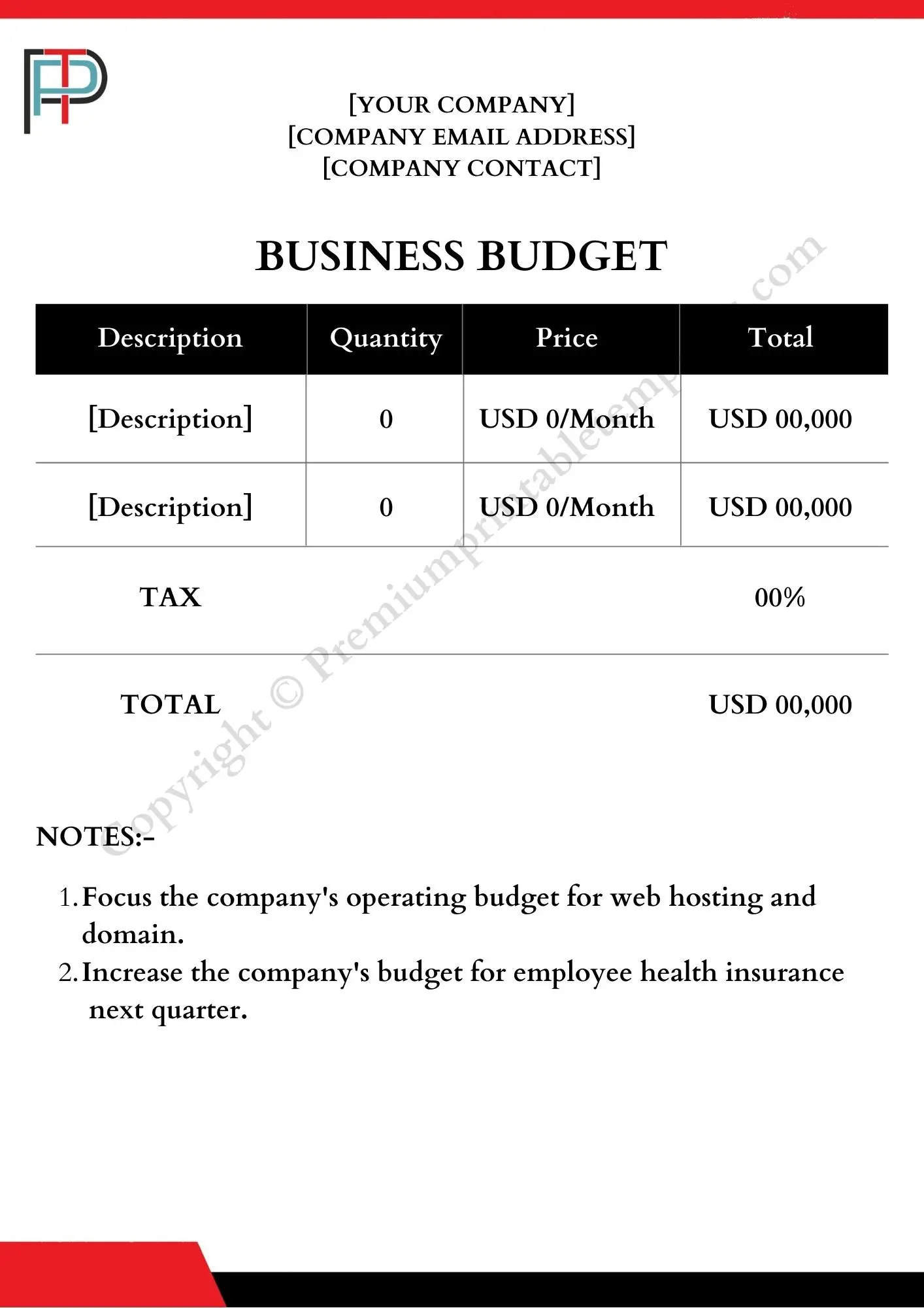 Business Budget Template