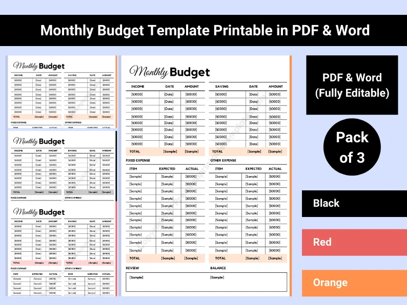 Monthly Budget Overview Planner Printable Template [Pack of 3]