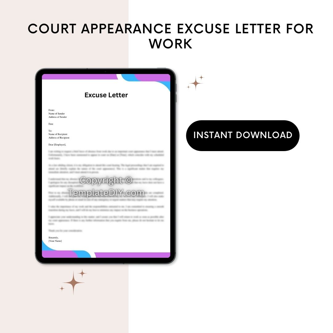 Court Appearance Excuse Letter for Work in PDF and Word